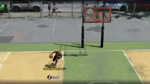 NBA 2K27 Park dribble with shot meter and green zone visible on outdoor court
